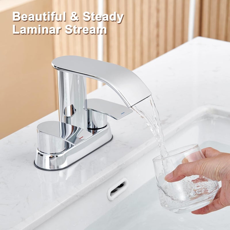 Ultimate Unicorn Bathroom Faucet for Sink Chrome, 4 Inch Bathroom Sink Faucet for 3 Hole or 2 Hole, 2 Handle Waterfall Faucets with Pop up Drain, Centerset Faucets for RV, Patent No. : US D983,326 S - Image 5